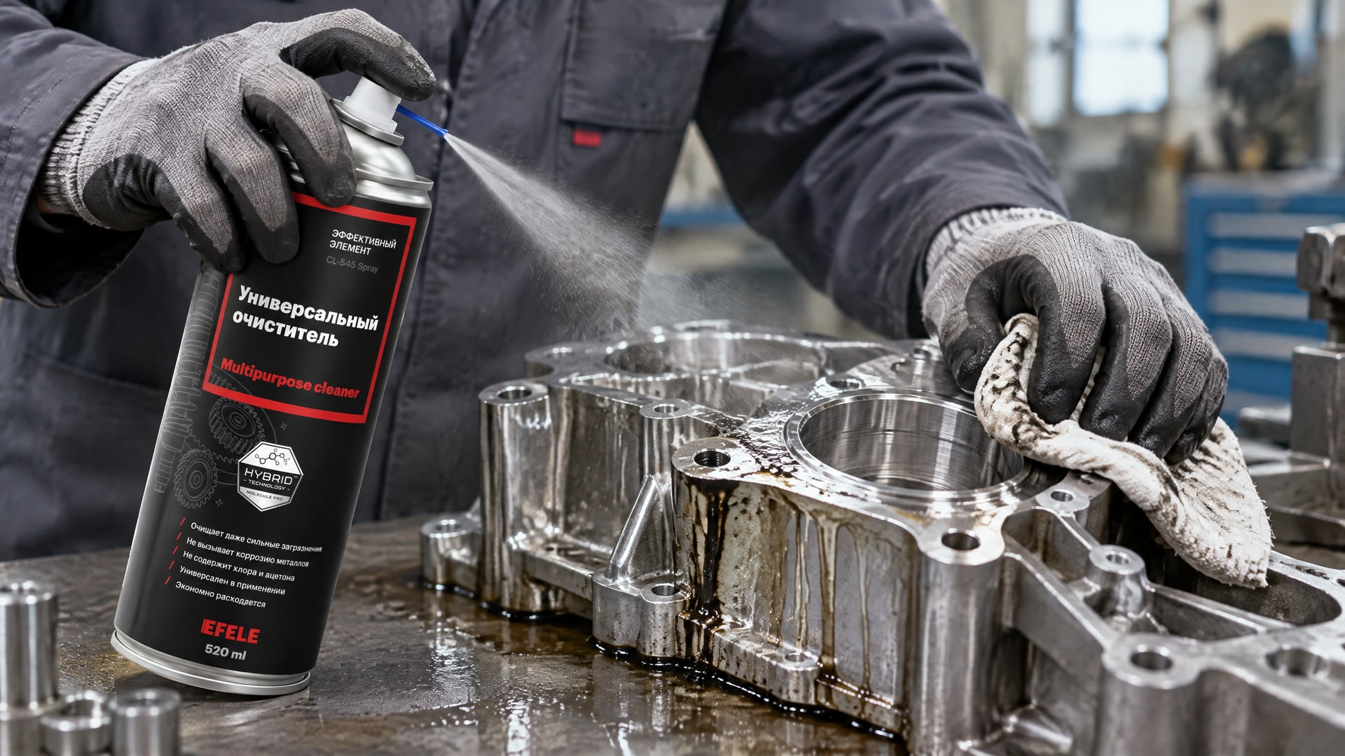 Рука в перчатке наносит EFELE CL-545 Spray, очищая лабораторное оборудование.