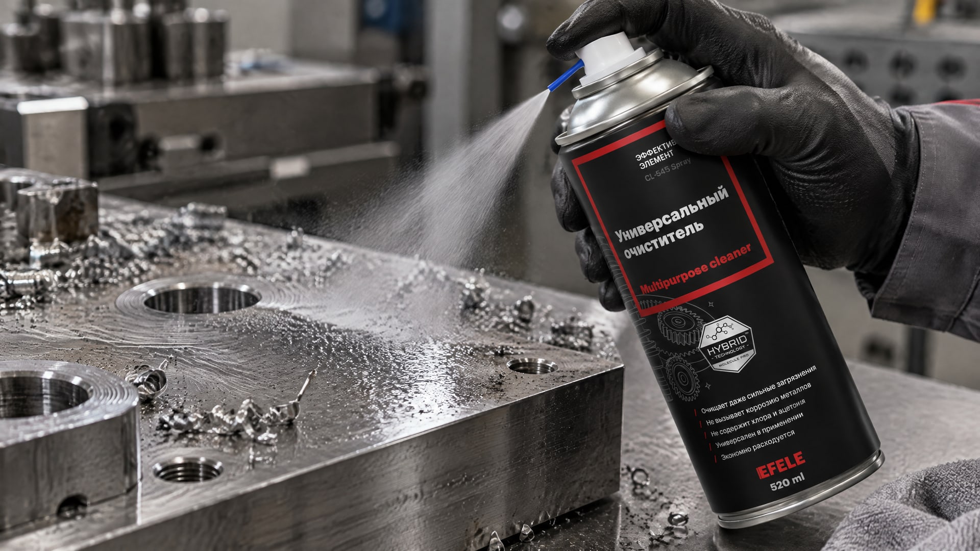 Рука в перчатке наносит EFELE CL-545 Spray (универсальный очиститель) для улучшения адгезии.
