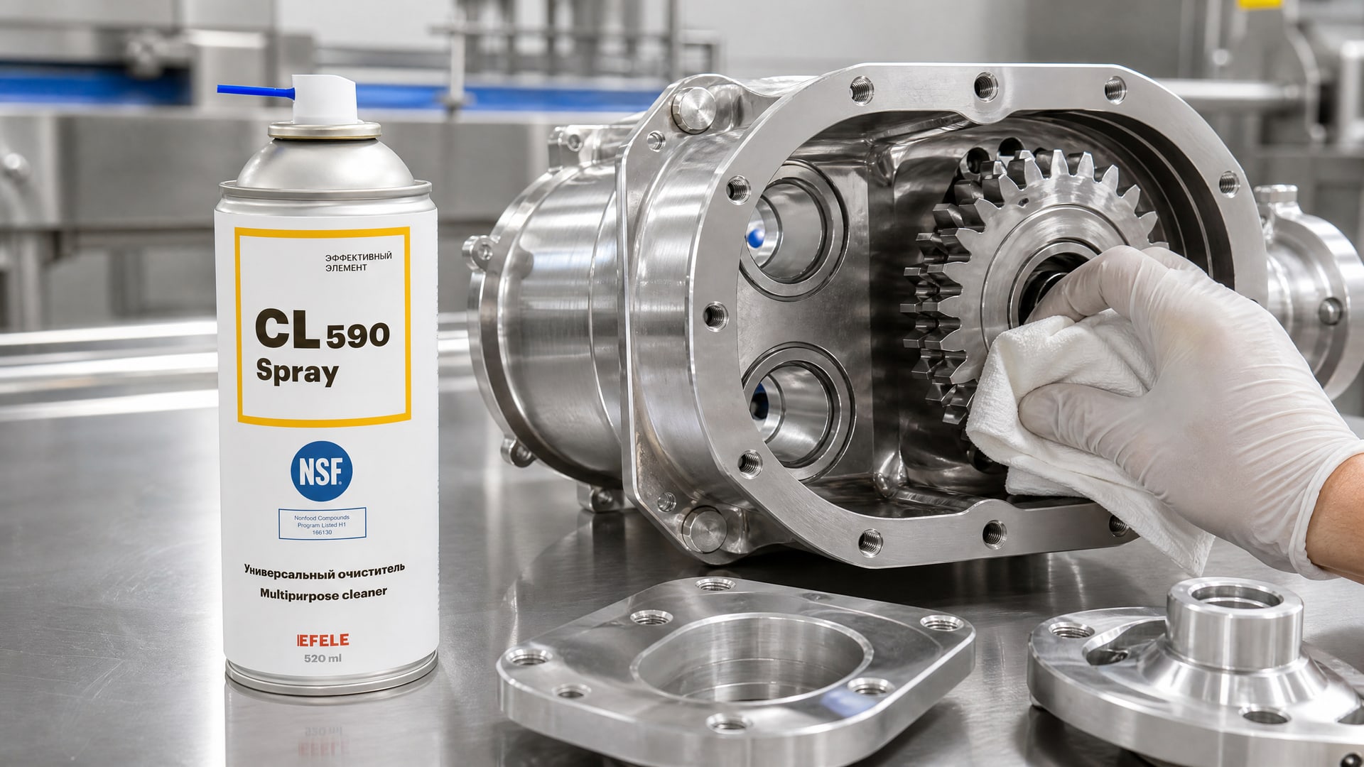 Рука в перчатке наносит EFELE CL-590 Spray для очистки оборудования на пищевом производстве.