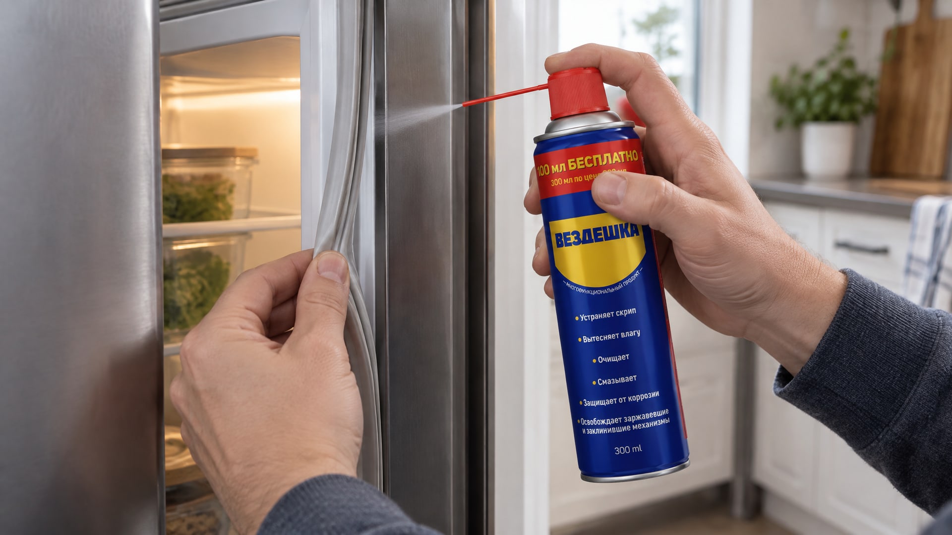 Рука в перчатке наносит универсальную смазку WD-40.
