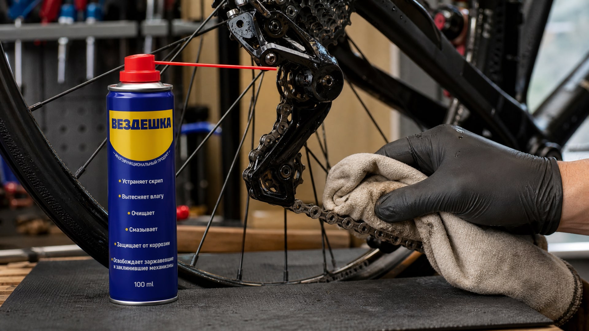 Рука в перчатке наносит универсальную смазку WD-40 на цепь.