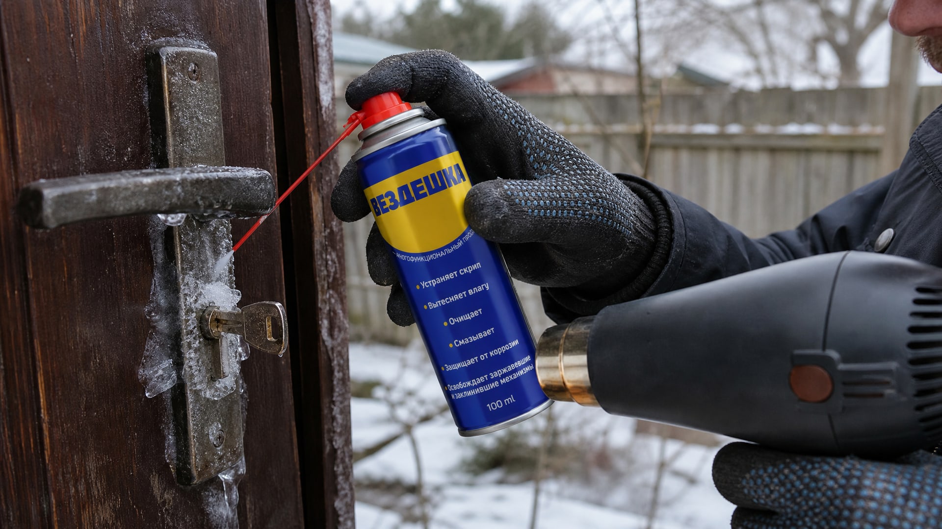 Рука в перчатке распыляет универсальную смазку WD40 на замок.