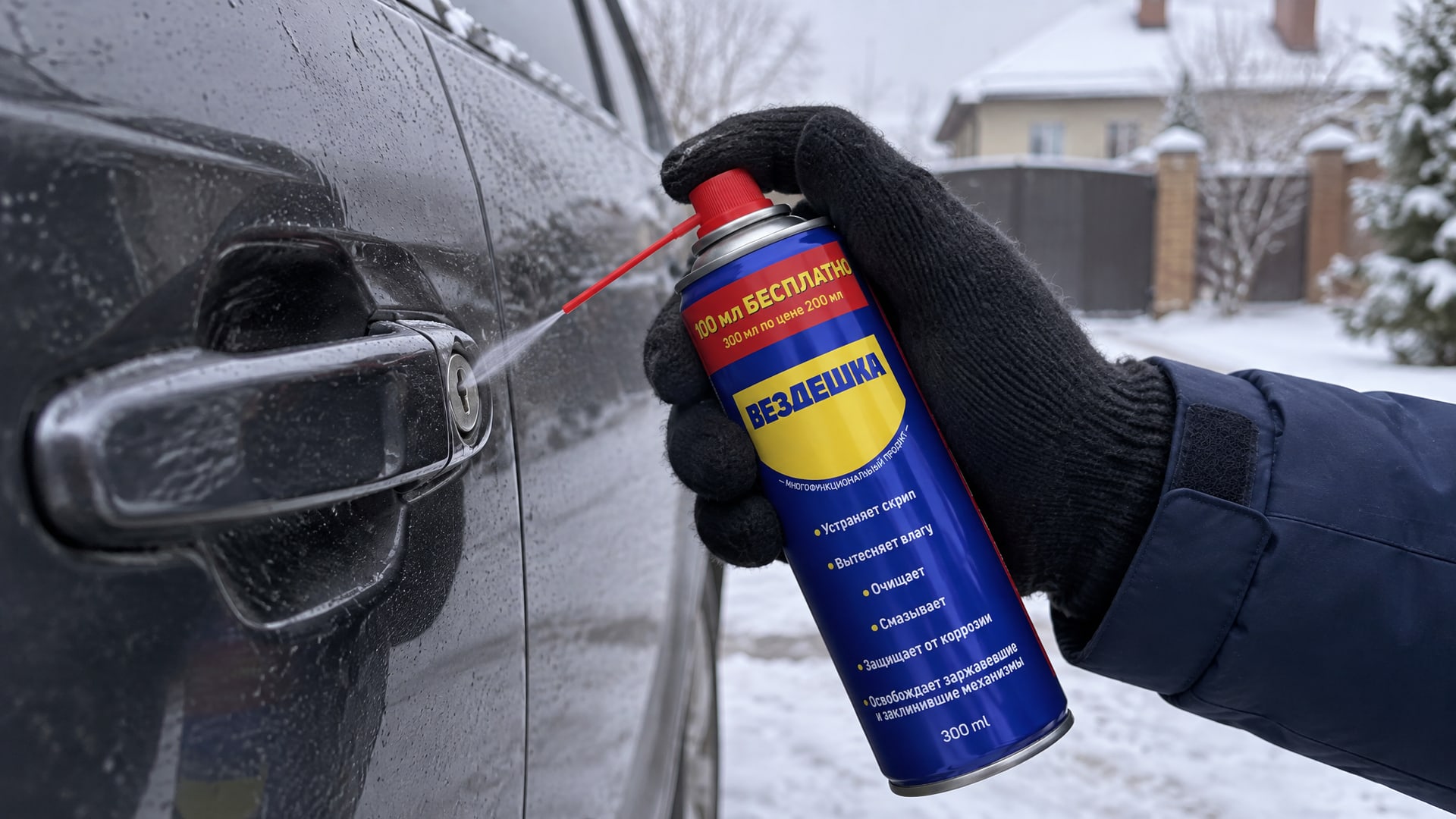 Рука в перчатке наносит универсальную смазку WD40 на механизм замка.