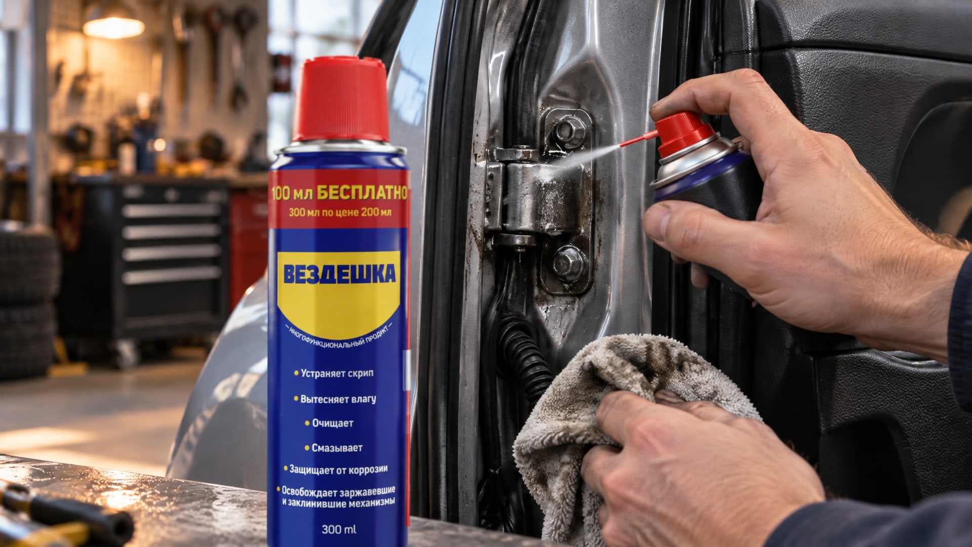 Рука наносит универсальную смазку wd-40 на дверные петли.