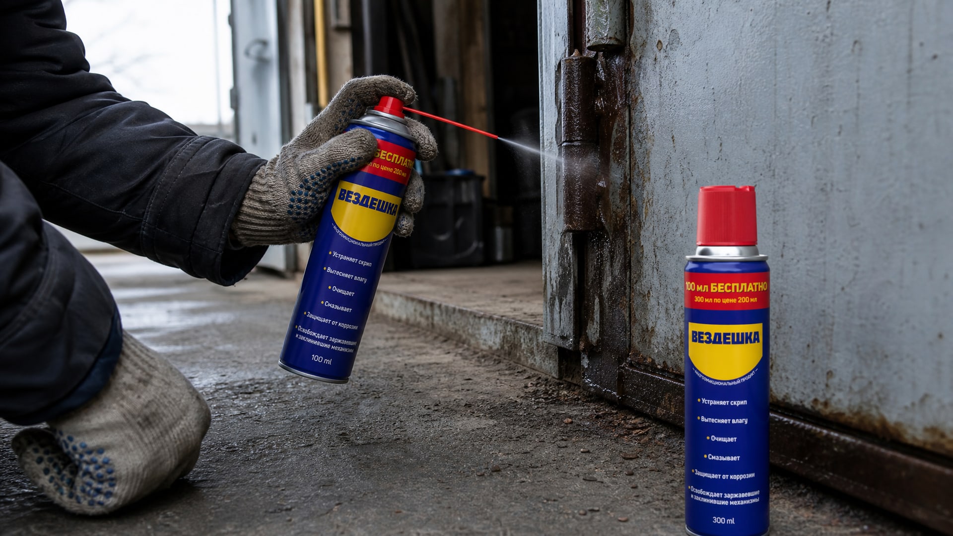Рука в перчатке наносит универсальную смазку WD40 на направляющие.