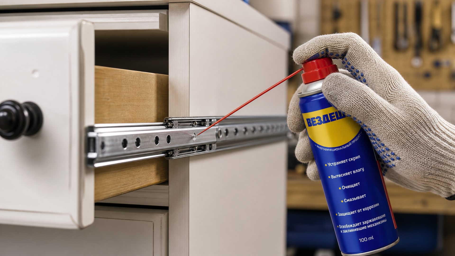 Рука наносит универсальную смазку WD40 на направляющие ящика.