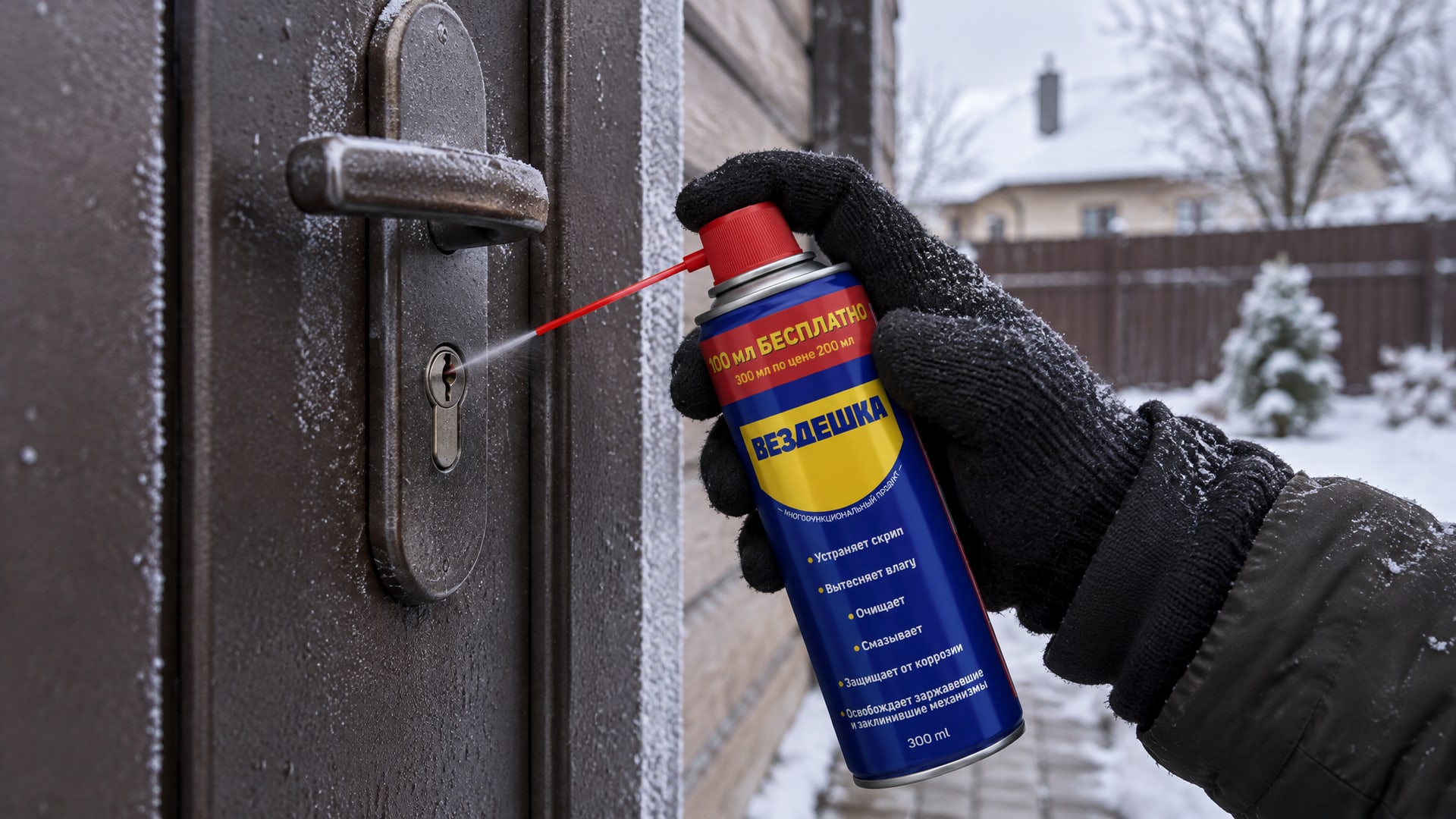 Человек в перчатке наносит универсальную смазку wd-40 на замок.